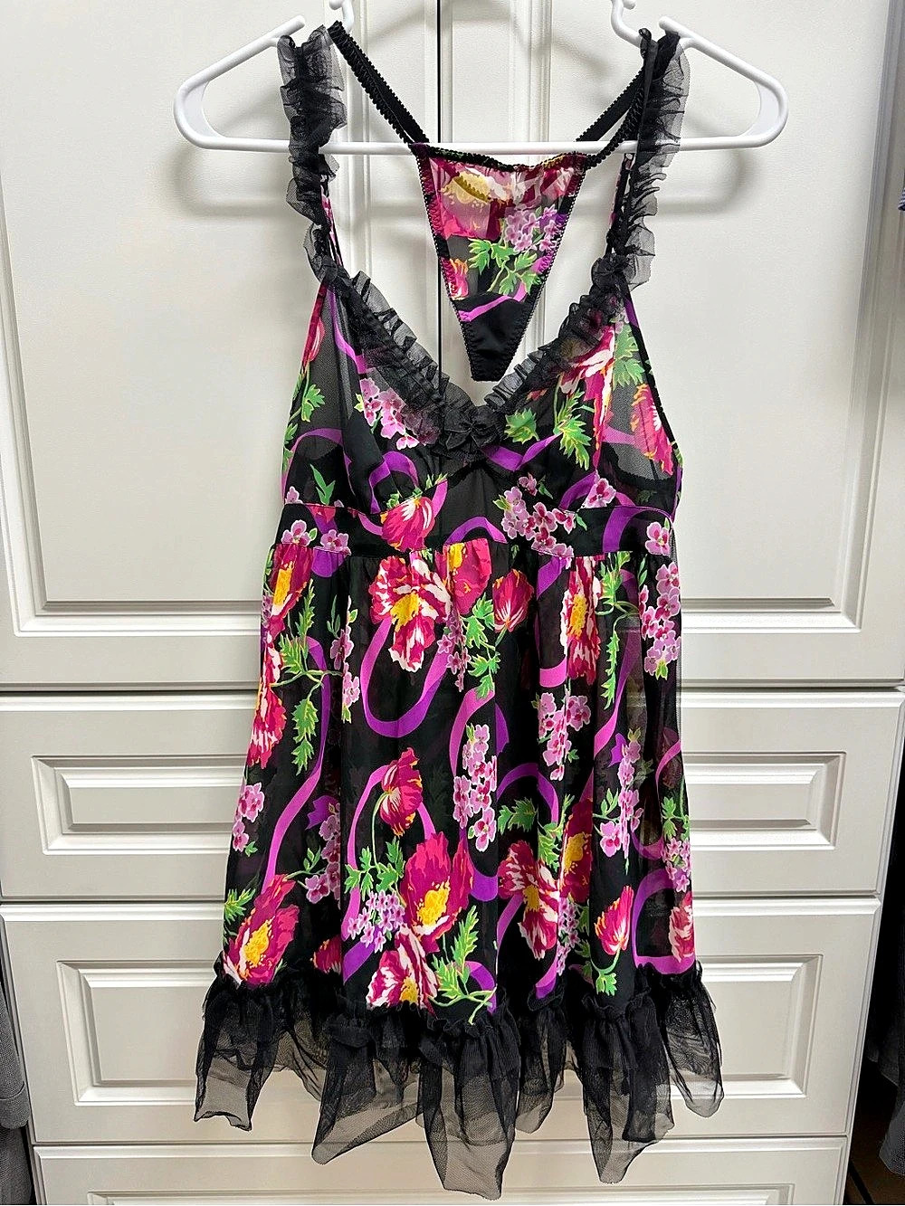 Betsey Johnson Floral Ruffle Sexy Baydoll Sheer Teddy Dress Black & Pink Small w